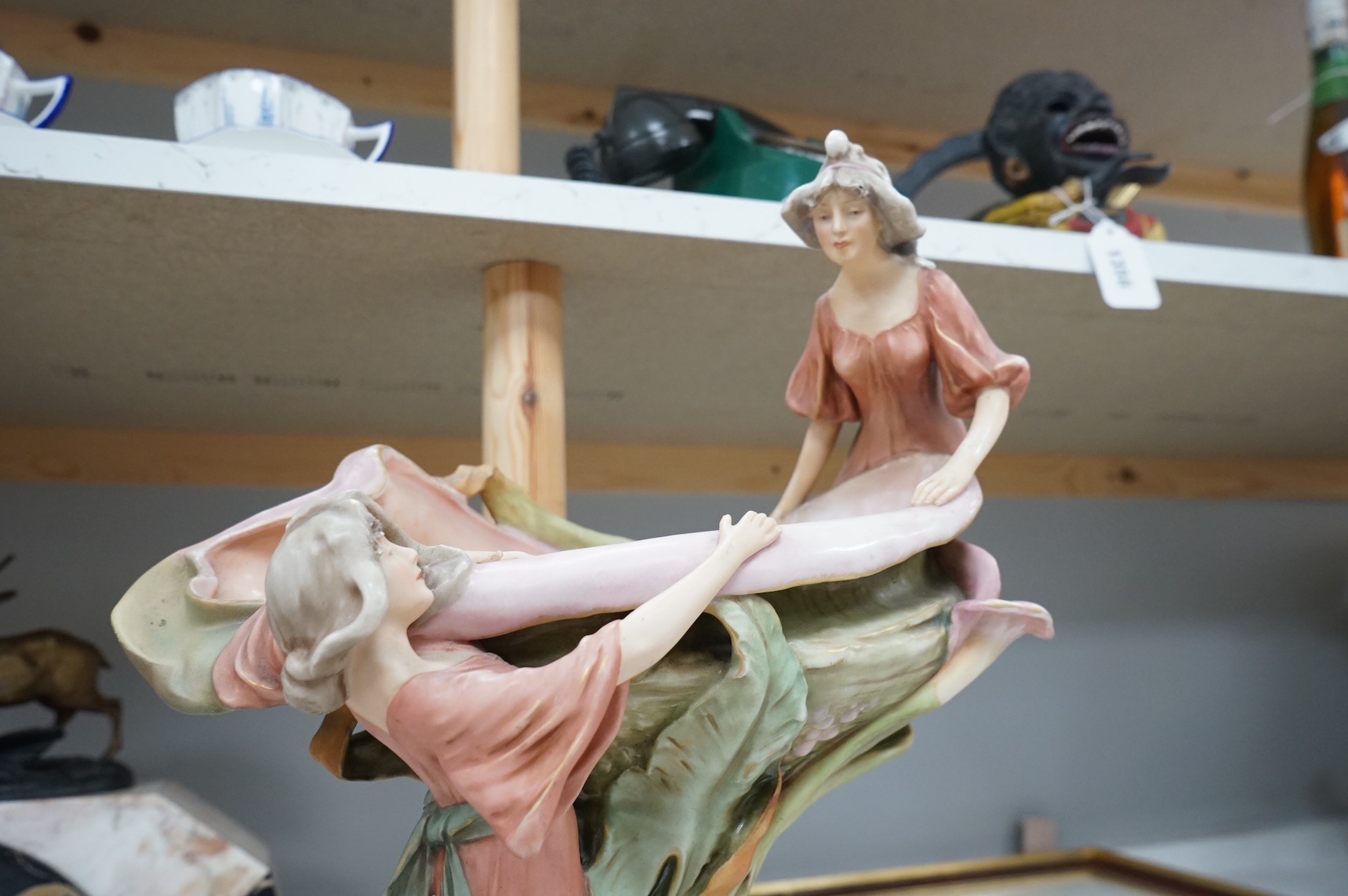 A Royal Dux Art Nouveau figural centrepiece or tazza, 43cm high